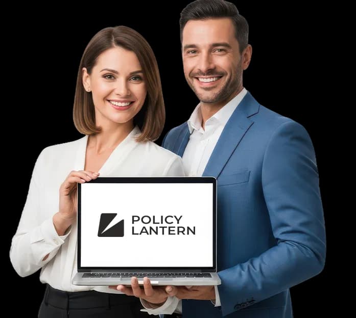 Two insurance agents reviewing PolicyLantern on a laptop