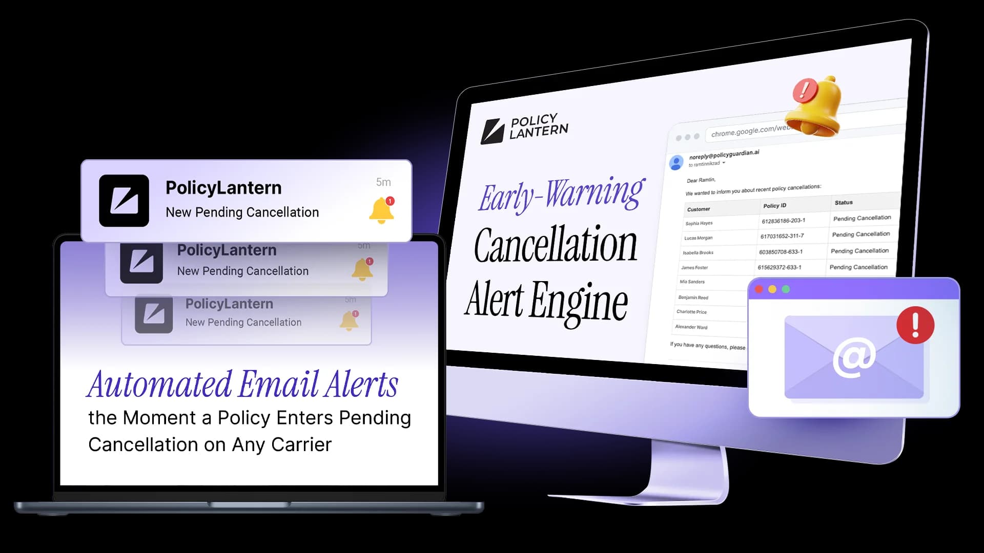 PolicyLantern early-warning cancellation alerts shown on a desktop and laptop