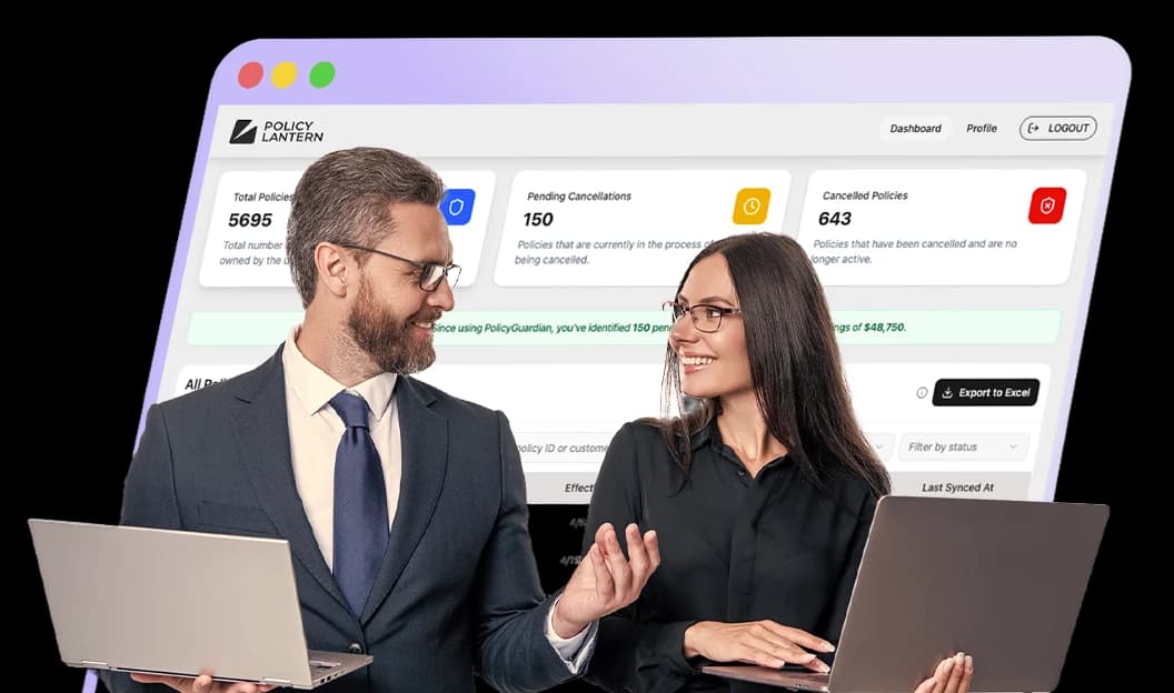Two insurance agents reviewing the PolicyLantern dashboard — every carrier's policy status in one view