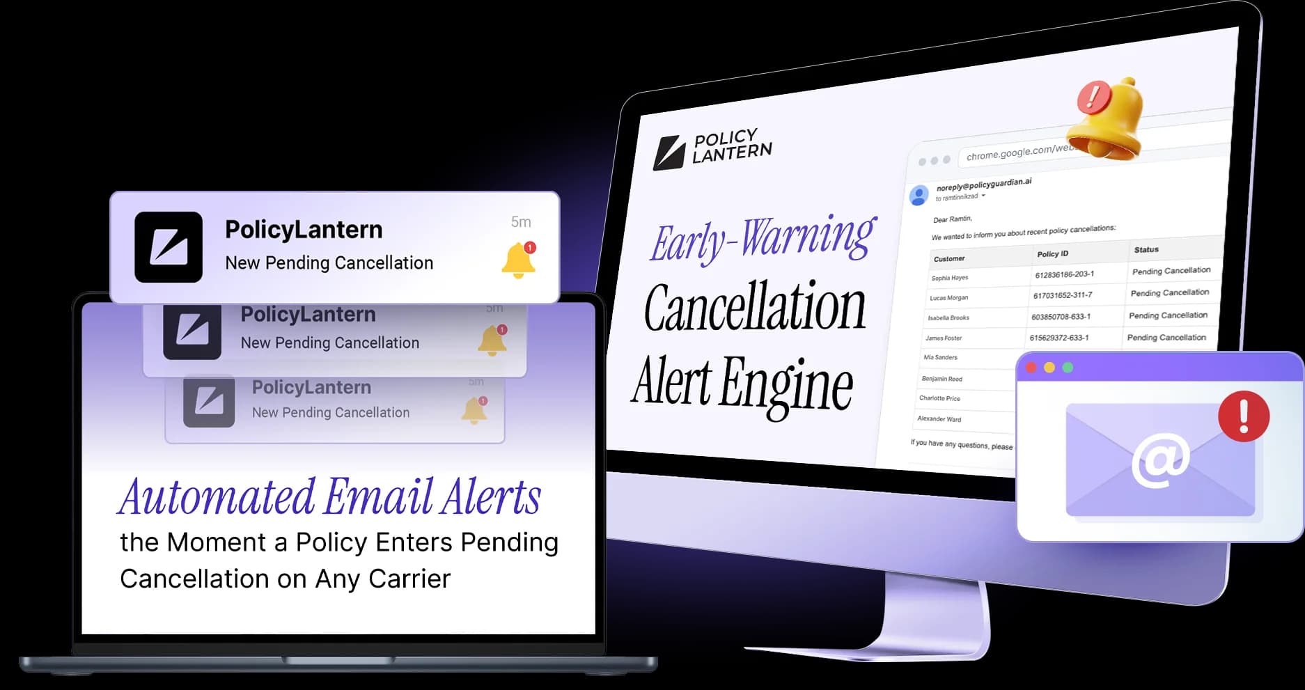 The PolicyLantern dashboard listing pending cancellations across every carrier portal