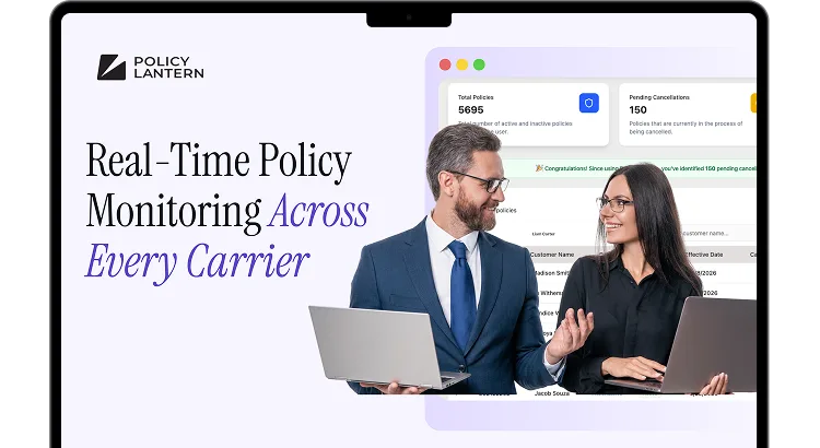 PolicyLantern dashboard on a laptop — real-time policy monitoring across every carrier
